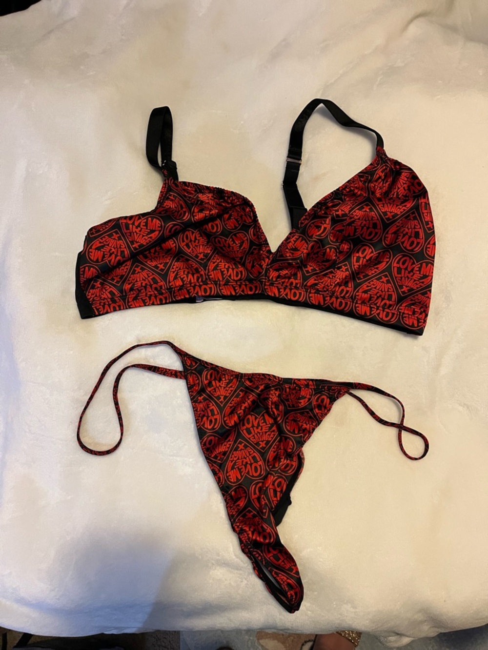 Savage X Fenty Red and Black Heart-Print Bra & Thong Set NWOT